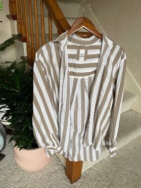 aerie Coastal Beige and White Striped Button-Down Shirt